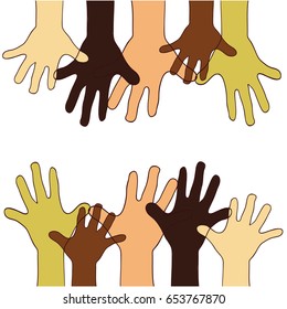 Vector illustration on colorless background with hands up of different races, colors, nationalities.
