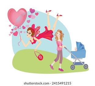 Vector illustration on the contrast between childfree and motherhood, voluntary abandonment of children and the joy of family life with children