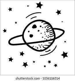 Ilustración vectorial sobre un tema cosmos. Urano, Saturno, un planeta con un anillo y estrellas en un fondo blanco.