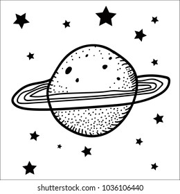 Vector illustration on a cosmos theme. Saturn, Uranus a planet with a ring and stars on a white background.