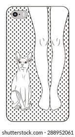 vector illustration on the cover cell phone female feet and a cat