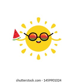 Vector illustration on cute cartoon style sun character in sunglasses holding slice of watermelon in hand for summer food design.