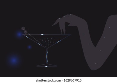 Vector illustration on dark background of relaxed woman on weekend drinking cocktail in disco bar with lights around