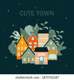 Vector illustration on a dark background city with houses