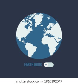 Vector illustration on dark background of the Earth and swith in Off mode. Earth Hour concept. Inscription Earth Hour