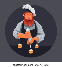 Ilustración vectorial. En un fondo azul oscuro, un chef pastelero prepara deliciosos pasteles con crema