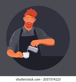 Vector illustration . On a dark blue background, a male barista pours hot, fragrant espresso coffee from a metal coffee pot into a small white coffee cup.