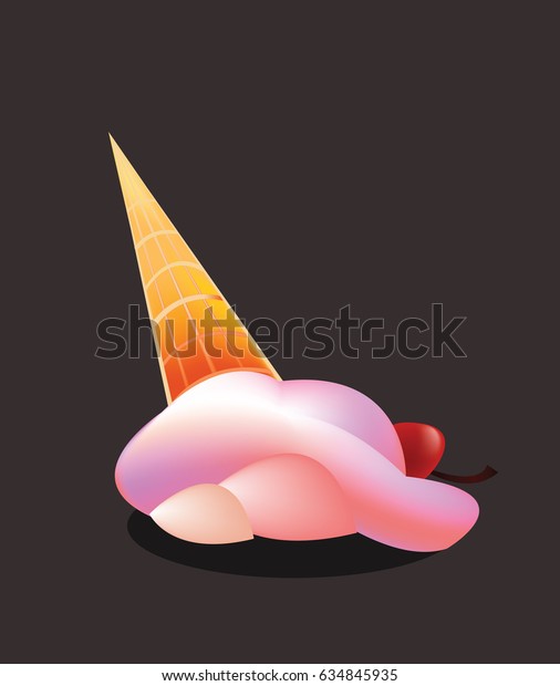 Vector\
illustration  on the dark brown background with fallen pink ice\
cream with one cherry on the dark\
background\
