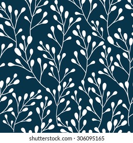 Vector illustration on dark pattern with leaves. Seamless floral green and blue background.