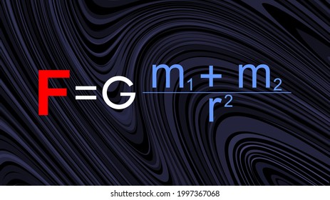 Ilustración vectorial. En un fondo oscuro y rayado, se escribe la fórmula para la gravedad.