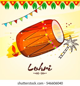 Vector Illustration on decorative background based on colorful grung, Dholak, Diya and Sugarcane for the celebration of Lohri.