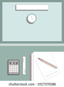Vektorgrafik und Illustration auf dem Schreibtisch, Papier, Bleistift, Taschenrechner können auf eine Vielzahl von Aufgaben angewendet werden