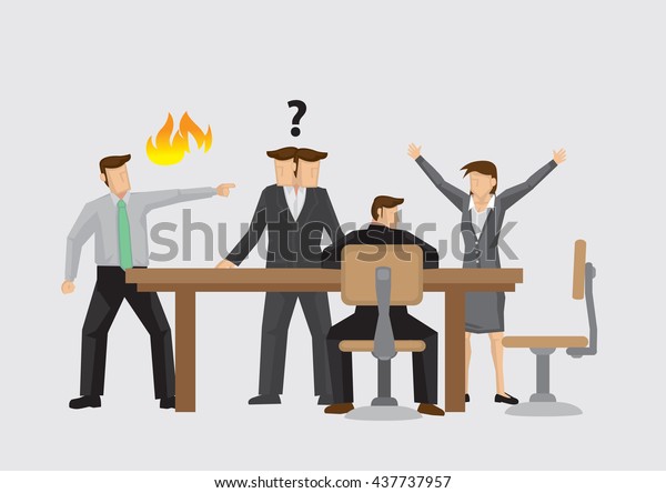 Vector illustration on different behaviors of\
business people during heated conflict in meeting. Concept for\
managing conflict at\
work.