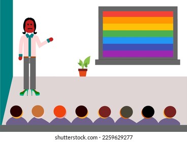 Vector illustration on Diversity in Educators, Class is in session with BIPOC LGBT male teacher with heels showing a rainbow flag