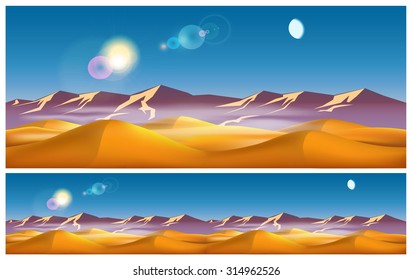 Vector illustration on the eastern theme. Hot desert in the daytime. Seamless horizontally if needed