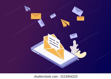Vector illustration on E-mail marketing campaign, marketing research, letters, envelopes, business correspondence, e-mails, instant messengers, online communication, drip marketing for web template.