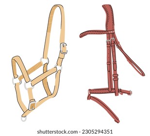 
Vector illustration on the equestrian theme, warm clothing for horses - yellow halter and red bridle.