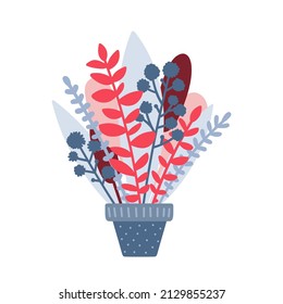 Ilustración vectorial en un estilo plano. Hojas y flores en la olla. Bouquet de plantas en un jarrón. Aislado sobre fondo blanco. Ilustración dibujada a mano.