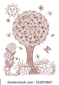 Vector illustration on a flowering tree and butterflies have settled rabbit watches them. The work Made in manually. Book Coloring anti-stress for adults and children.Brown and white.