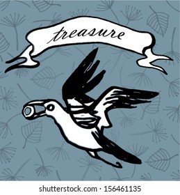 Vector illustration on a flying crow carrying a ring. Treasure ribbon tag.