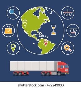 Vector illustration on global commercial shipping with cargo semi truck and modern icons on shopping and E-commerce