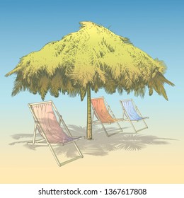 Vector illustration on a graphic tablet.  Deck-chairs under an umbrella made of palm branches.