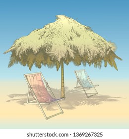 Vector illustration on a graphic tablet.  Deck-chairs under an umbrella made of palm branches.