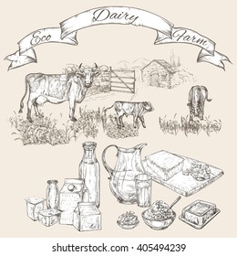 Vector illustration on a graphic tablet. Hand drawing. Dairy farm with cows and a range of dairy products.