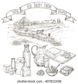 Vector illustration on a graphic tablet. Hand drawing. Dairy farm with cows and a range of dairy products.