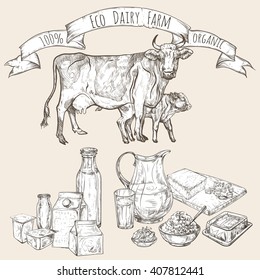 Vector illustration on a graphic tablet. Hand drawing. Dairy farm with cows and a range of dairy products.