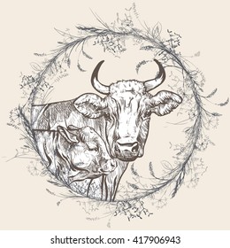 Vector illustration on a graphic tablet. Hand drawing.Cow and calf in a frame of wreath of herbs. 