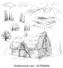 Vector illustration on a graphic tablet. Hand drawing.Set for the rural landscape.