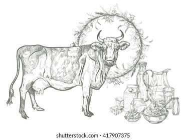 Vector illustration on a graphic tablet. Hand drawing.Vector illustration on a graphic tablet. Hand drawing.Cow with a set of dairy products.