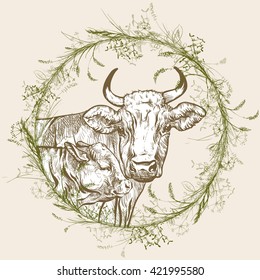 Vector illustration on a graphic tablet. Hand drawing.Cow and calf in a frame of wreath of herbs. 