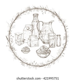 Vector illustration on a graphic tablet. Hand drawing.Vector illustration on a graphic tablet.  Set of dairy products in a wreath of wild herbs.