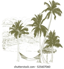 Vector illustration on a graphic tablet. Hand drawing.Palm trees with hammock, against the background of the ocean.