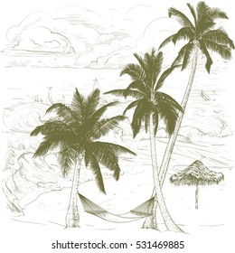 Vector illustration on a graphic tablet. Hand drawing.Palm trees with hammock, against the background of the ocean.