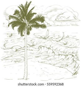 Ilustración vectorial en una tableta gráfica. Dibujo a mano. Palmeras, sobre el fondo del mar con olas y veleros.