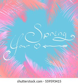 Vector illustration on a graphic tablet. Hand drawing.Abstract pattern with leaves of palm trees on a spring theme.