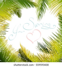 Vector illustration on a graphic tablet. Hand drawing.Abstract pattern with leaves of palm trees on a spring theme.