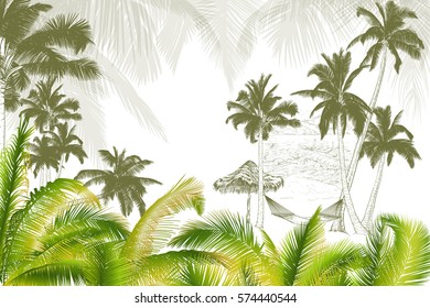 Vector illustration on a graphic tablet. Hand drawing.Palm trees with hammock, against the background of the ocean.