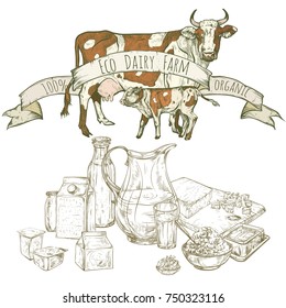 Vector illustration on a graphic tablet. Hand drawing. Dairy farm with cows, and set various cheeses.