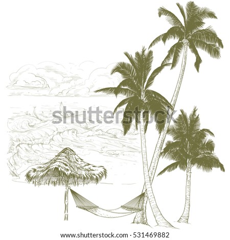 Vector illustration on a graphic tablet. Hand drawing.Palm trees with hammock, against the background of the ocean.