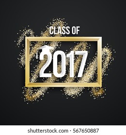 vector illustration on gray background congratulations on graduation 2017 class of, texture gold luxury design for the graduation party, a gold wreath. 