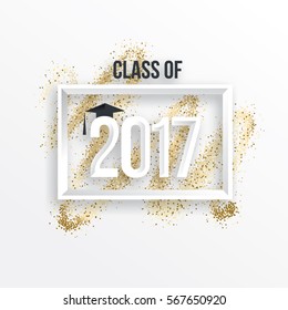 vector illustration on gray background congratulations on graduation 2017 class of, texture gold luxury design for the graduation party, a gold wreath. 