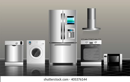 Vector illustration on a gray wall. Kitchen home appliances on a black tile. Household technics: washing machine, dishwasher, electric oven, extractor hood, microwave and refrigerator