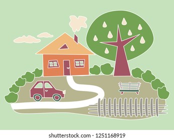 VECTOR ILLUSTRATION ON A GREEN BACKGROUND. YARD WITH ORANGE HOUSE, RED CAR AND TREE