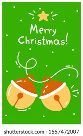 Vector illustration on green background with snowflakes. Golden color christmas dexter bell with text merry christmas. Flat style christmas design for web, site, banner, poster, print, greeting card