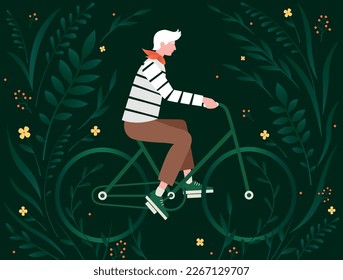 vector illustration on a green background spring walk of a young man in a striped longsleeve on a bicycle in the park in a cartoon style