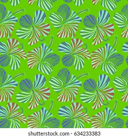 Vector illustration on green background. Hibiscus pattern. Seamless pattern of tropical flowers.